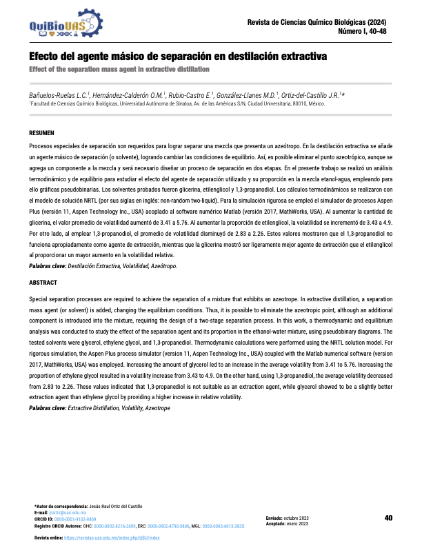 Effect of the separation mass agent in extractive distillation