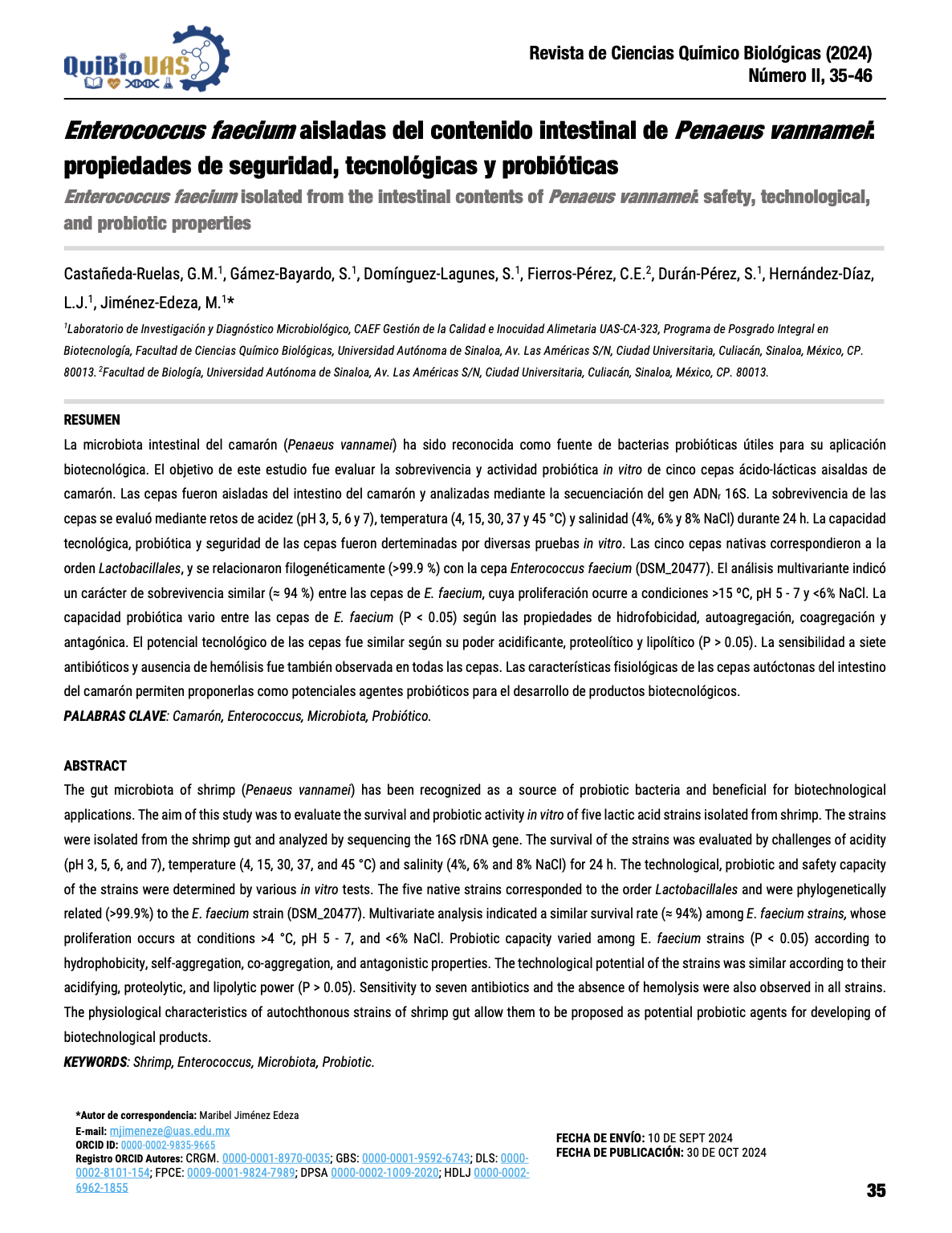 Enterococcus faecium aisladas del contenido intestinal de Penaeus vannamei: propiedades de seguridad, tecnológicas y probióticas