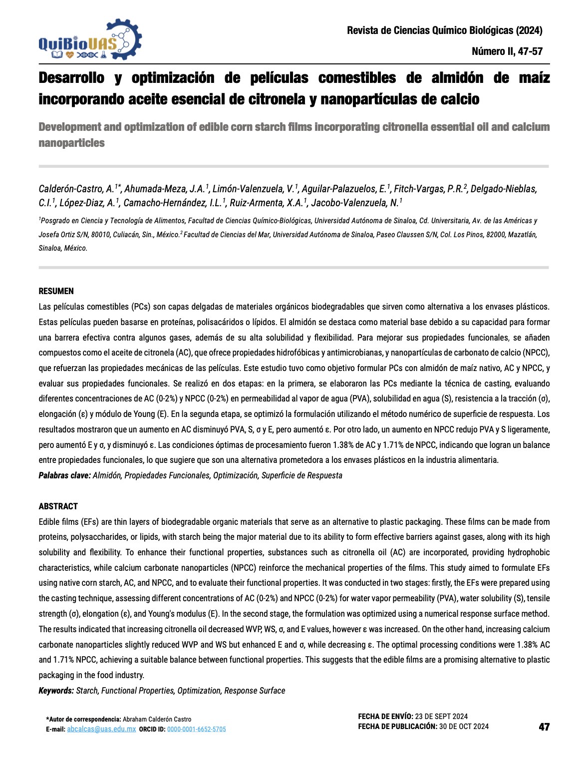 Development and optimization of edible corn starch films incorporating citronella essential oil and calcium nanoparticles