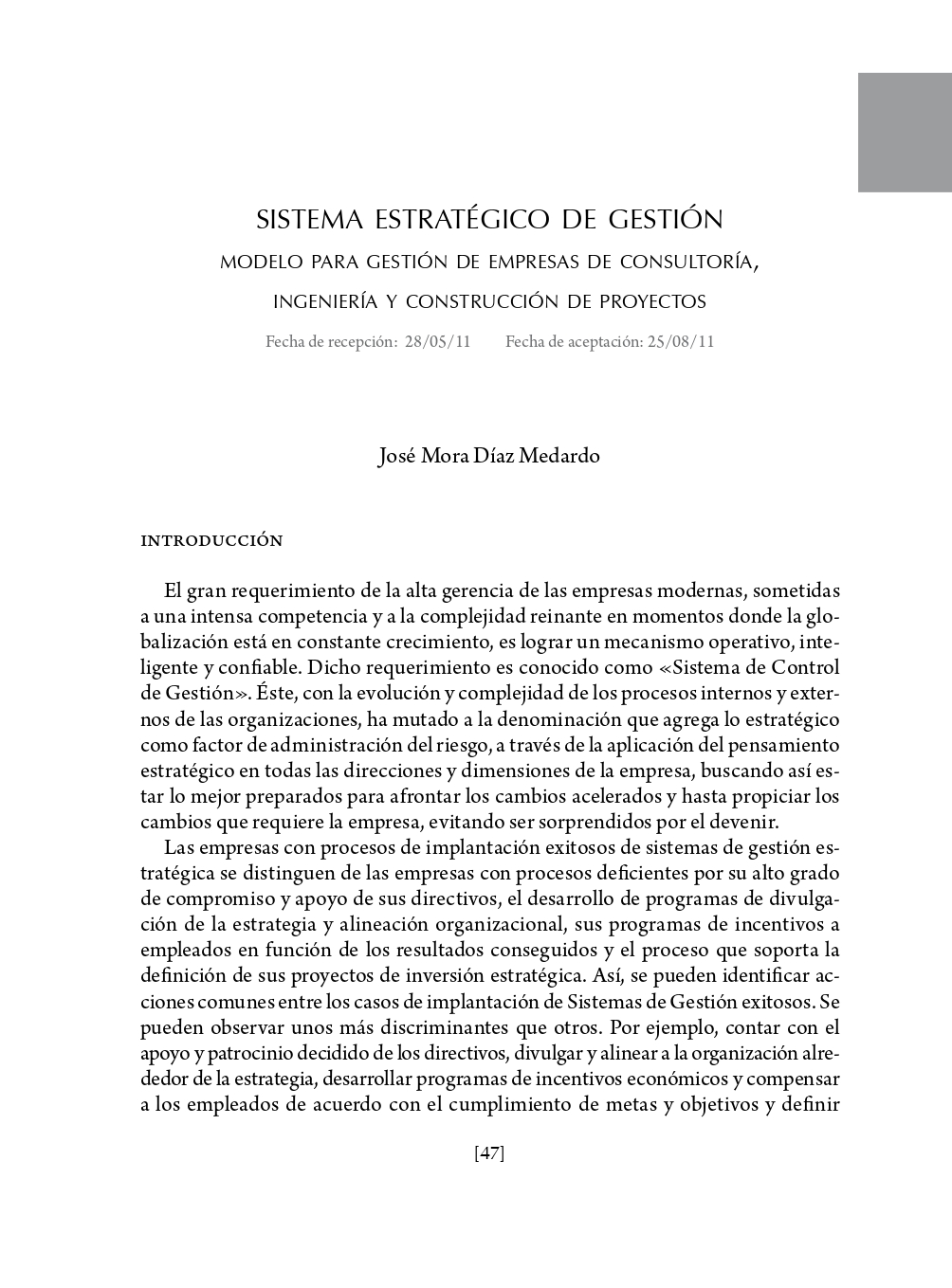 Portada Sistema estratégico de gestión. Modelo para gestión de empresas de consultoría, ingeniería y construcción de proyectos.