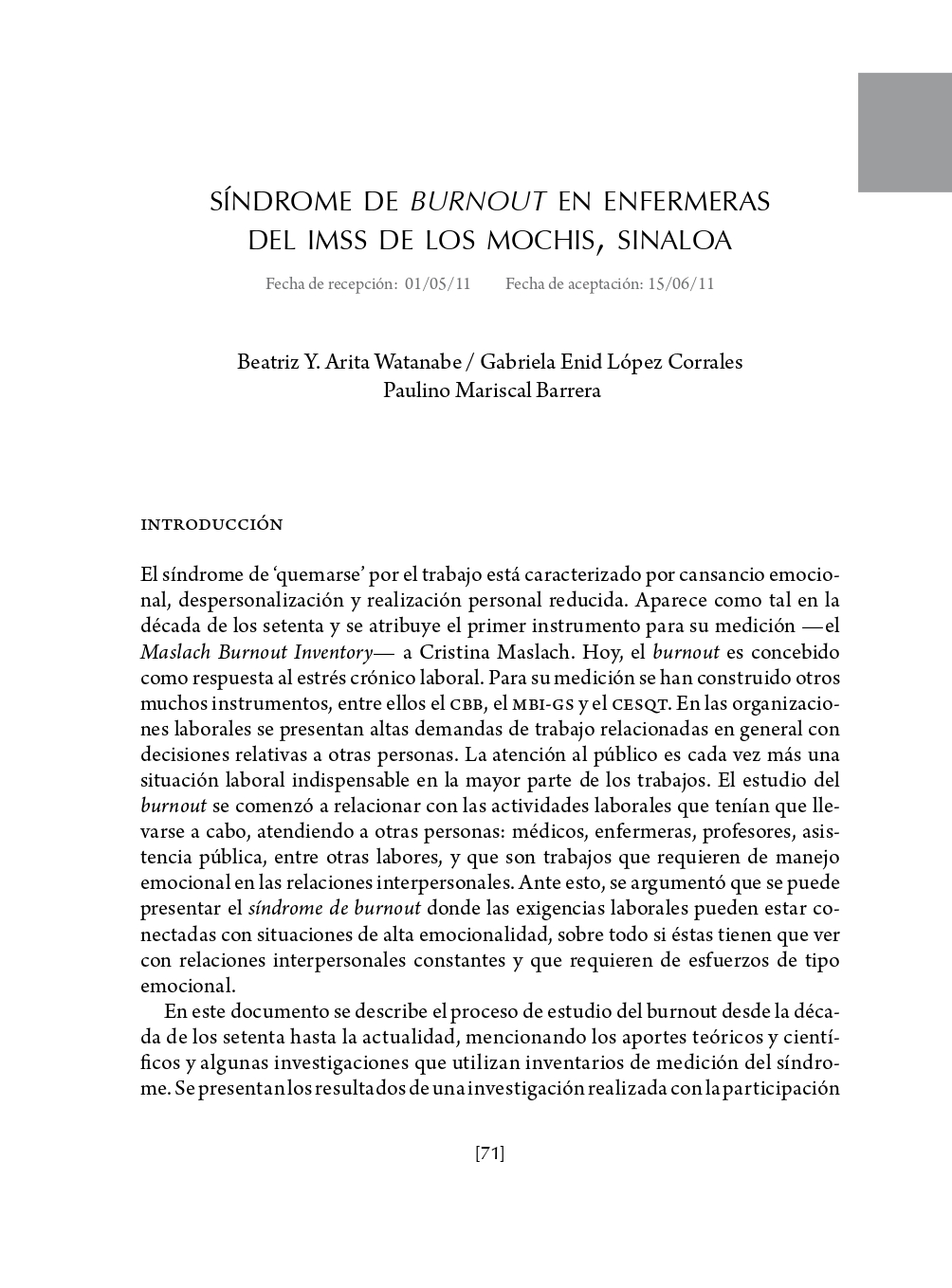 Portada Síndrome de burnout en enfermeras del IMSS de Los Mochis, Sinaloa.