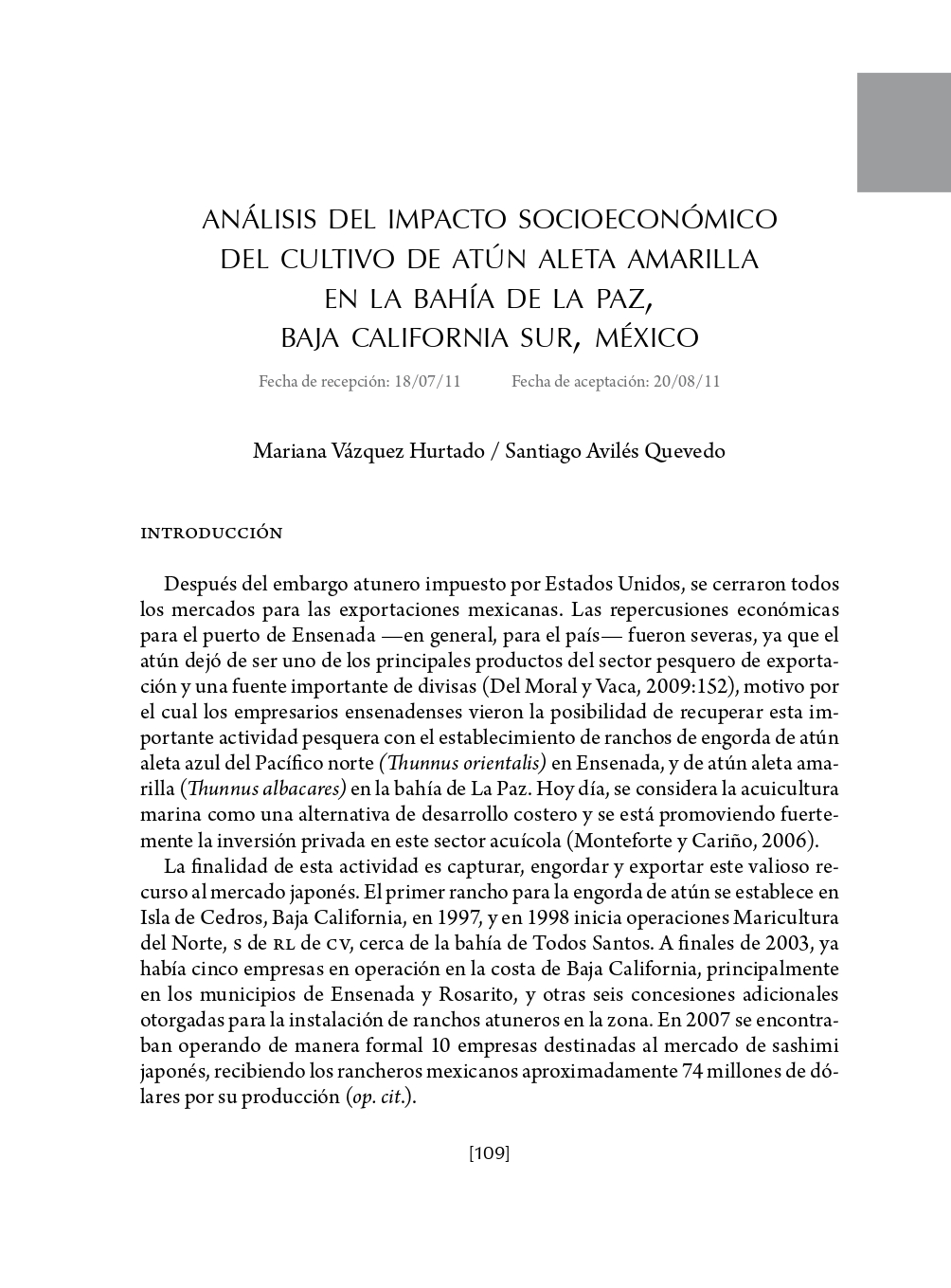 Portada Análisis del impacto socioeconómico del cultivo de atún aleta amarilla en la bahía de La Paz, Baja California Sur, México.