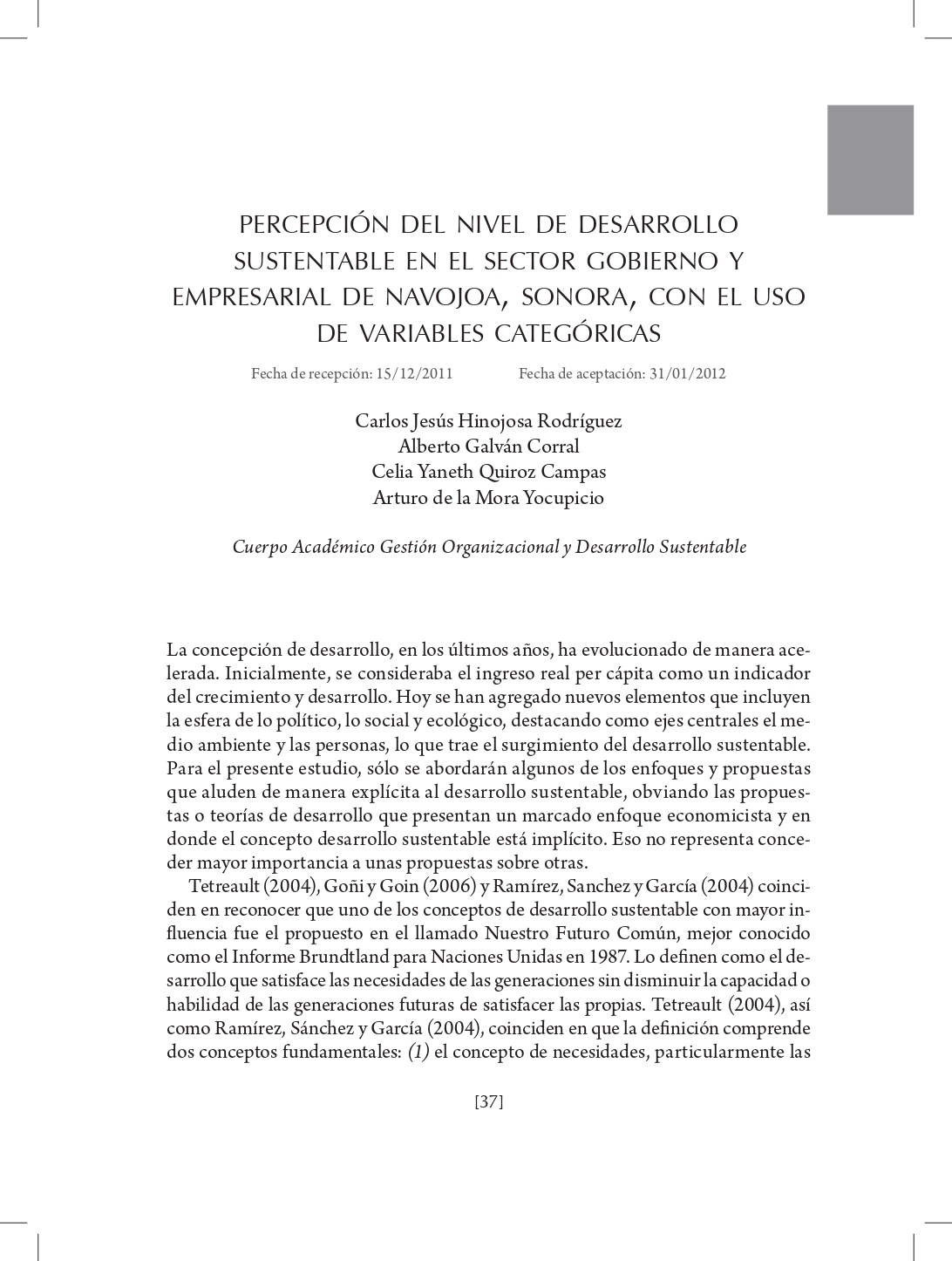 Portada Percepción del nivel de desarrollo sustentable en el sector gobierno y empresarial de Navojoa, Sonora, con el uso de variables categóricas