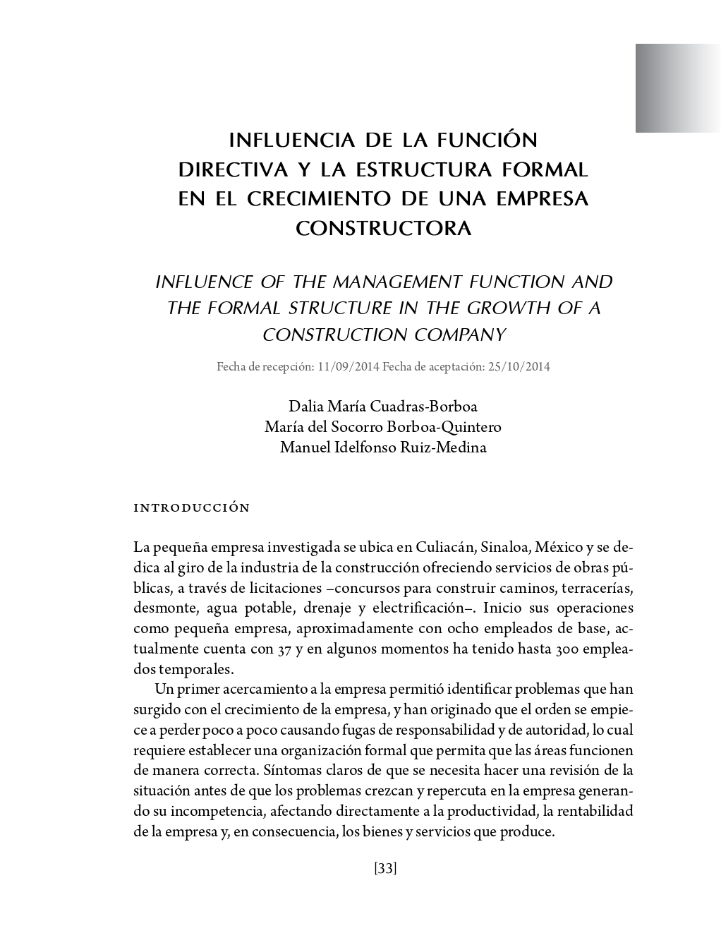 Portada Influencia de la función directiva y la estructura formal en el crecimiento de una empresa constructora