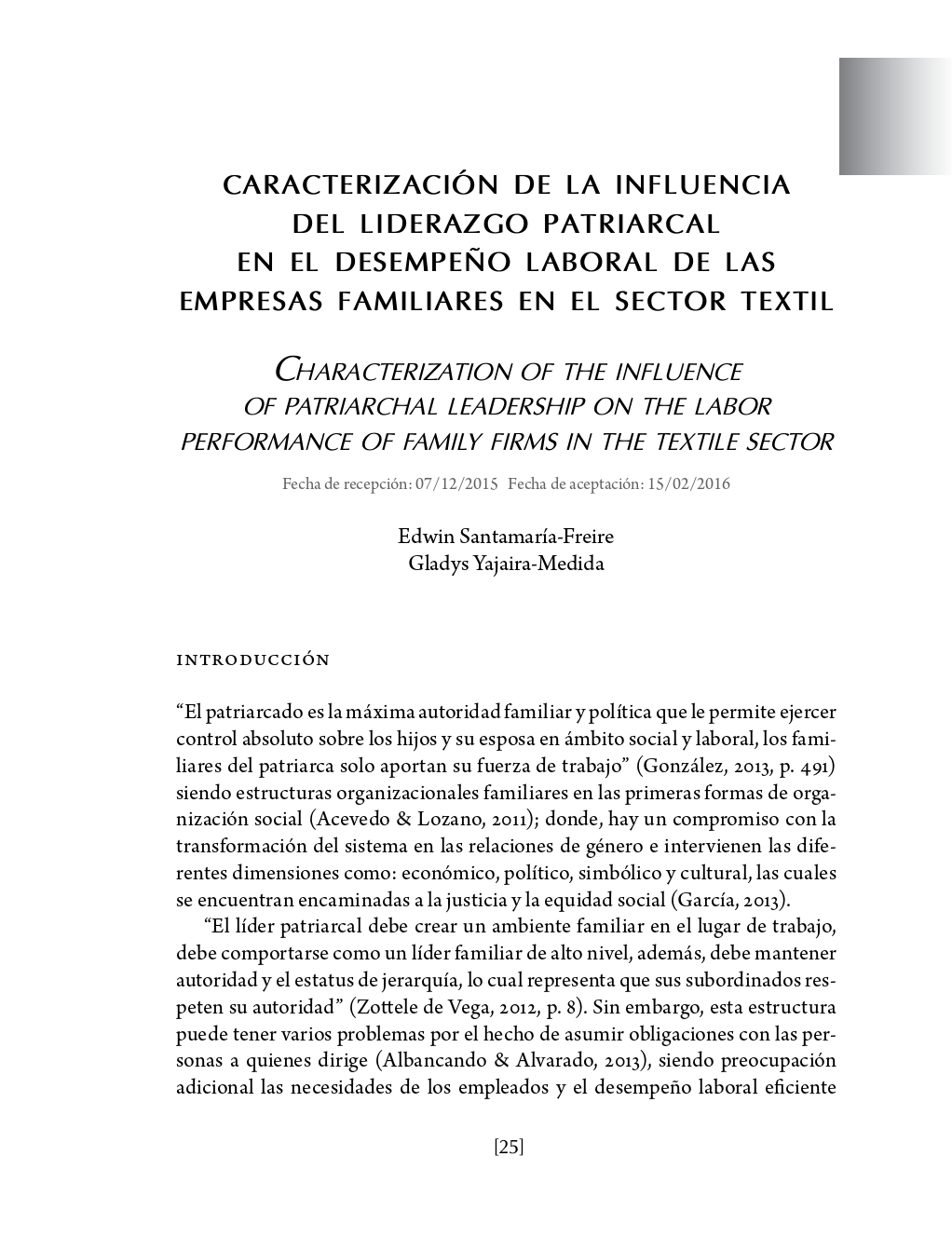 Portada Caracterización de la influencia del liderazgo patriarcal en el desempeño laboral de las empresas familiares en el sector textil