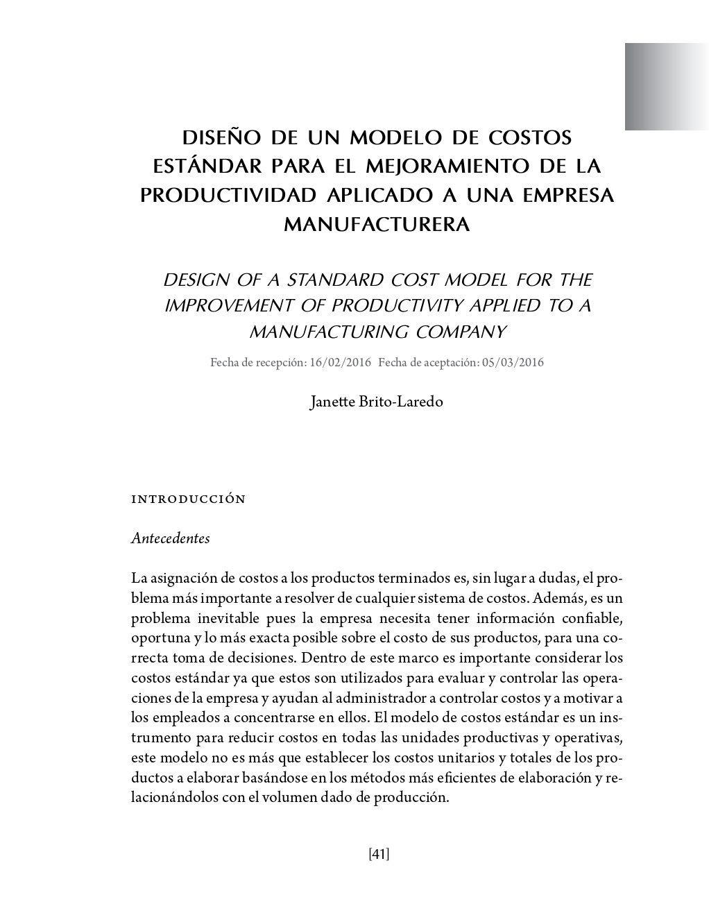 Portada Diseño de un modelo de costos estándar para el mejoramiento de la productividad aplicado a una empresa manufacturera