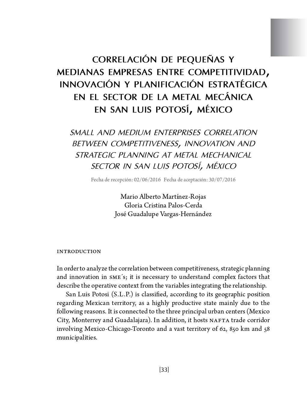 Portada Correlación de pequeñas y medianas empresas entre competitividad, innovación y planificación estratégica en el sector de la metal mecánica en San Luis Potosí, México