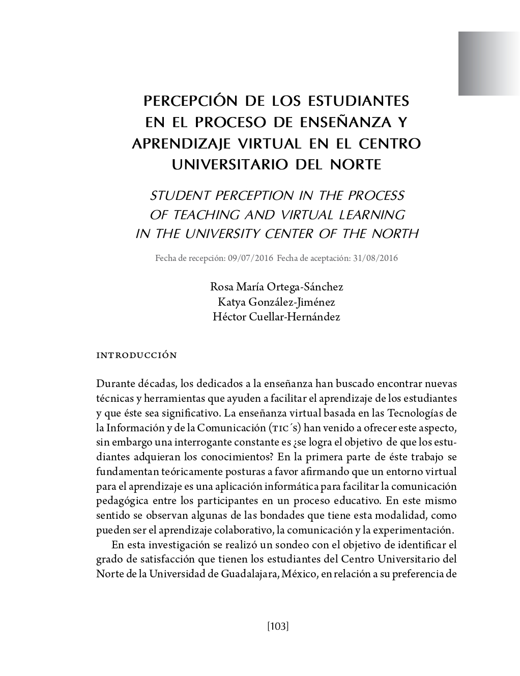 Portada Percepción de los estudiantes en el proceso de enseñanza y aprendizaje virtual en el Centro Universitario del Norte