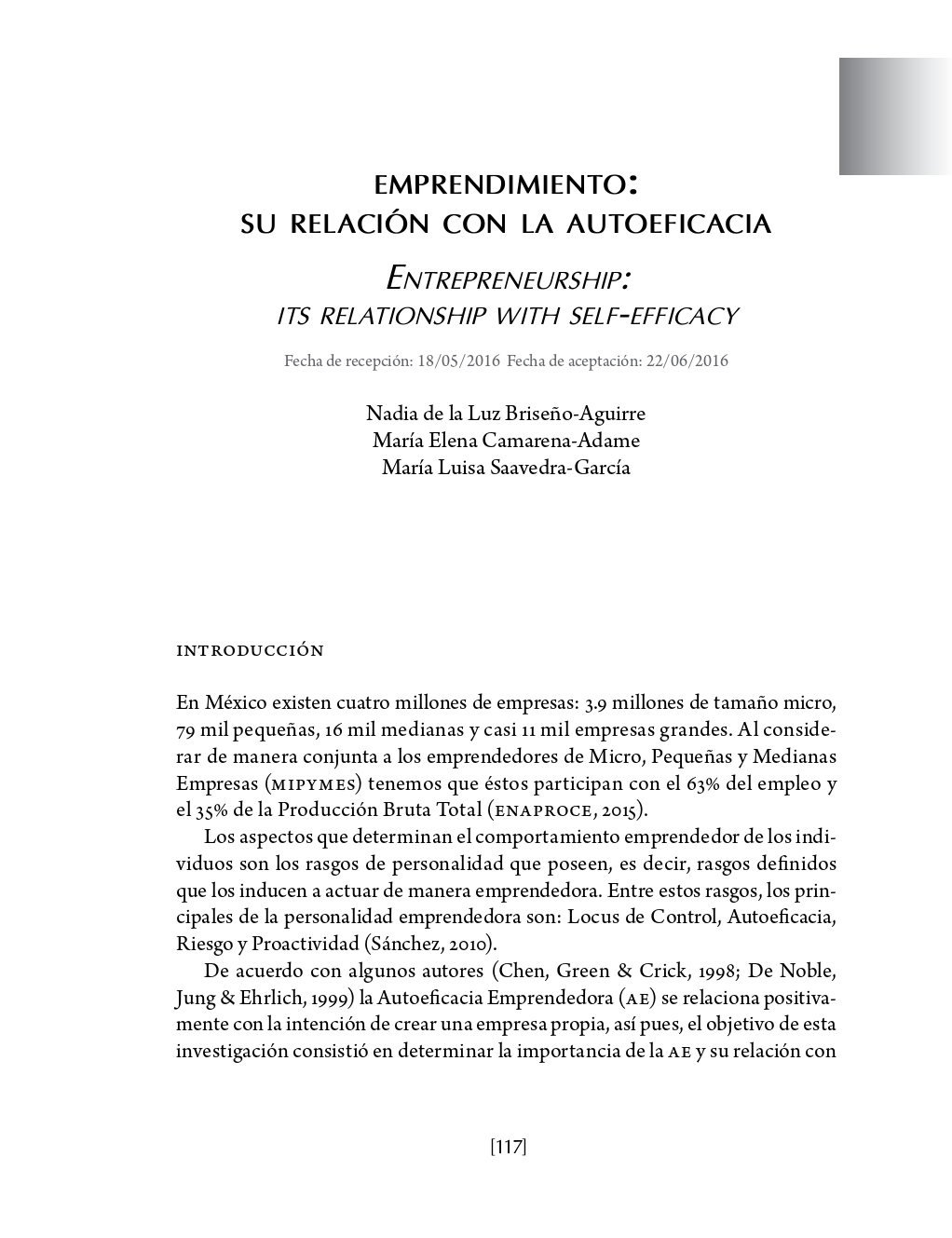 Portada Emprendimiento: su relación con la autoeficacia