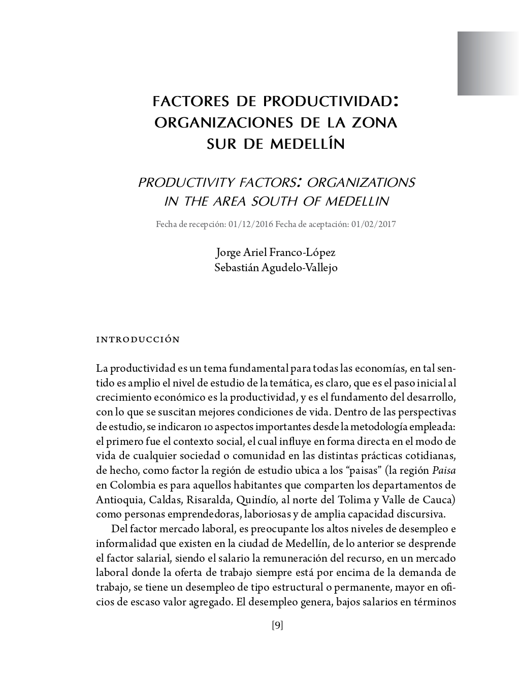 Portada Factores de productividad: organizaciones de la zona sur de Medellín