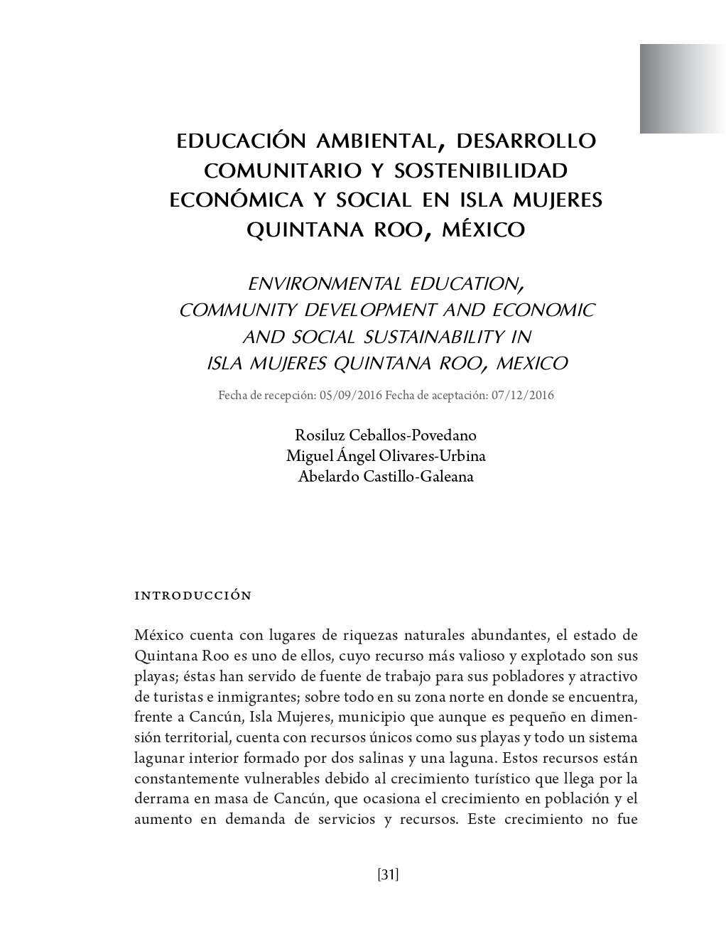 Portada Educación ambiental, desarrollo comunitario y sostenibilidad económica y social en Isla Mujeres Quintana Roo, México
