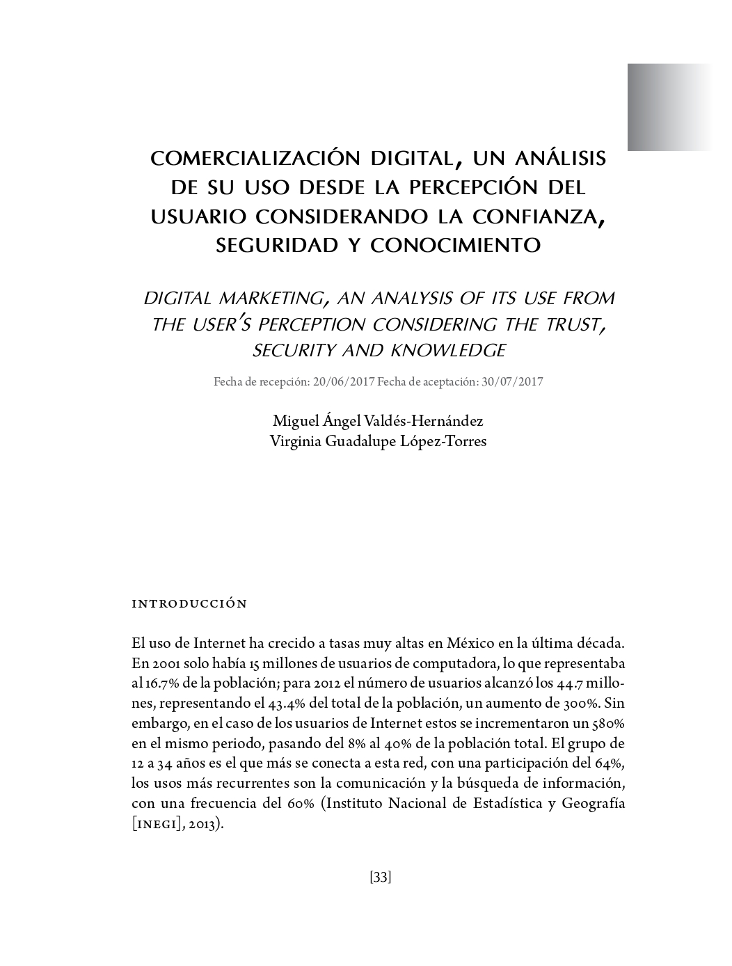 Portada Comercialización digital, un análisis de su uso desde la percepción del usuario considerando la confianza, seguridad y conocimiento