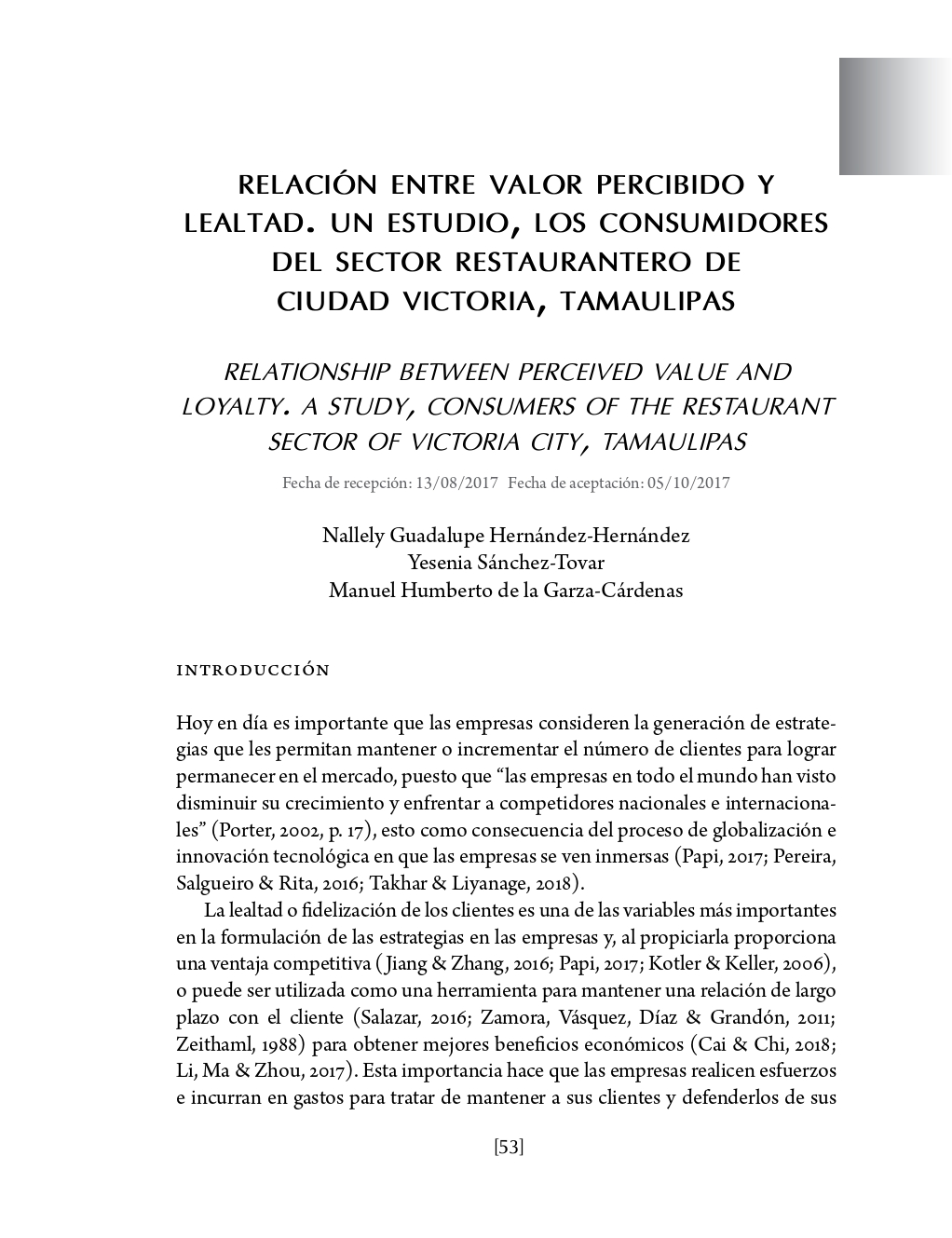 Portada Relación entre valor percibido y lealtad. Un estudio, los consumidores del sector restaurantero de Ciudad Victoria, Tamaulipas