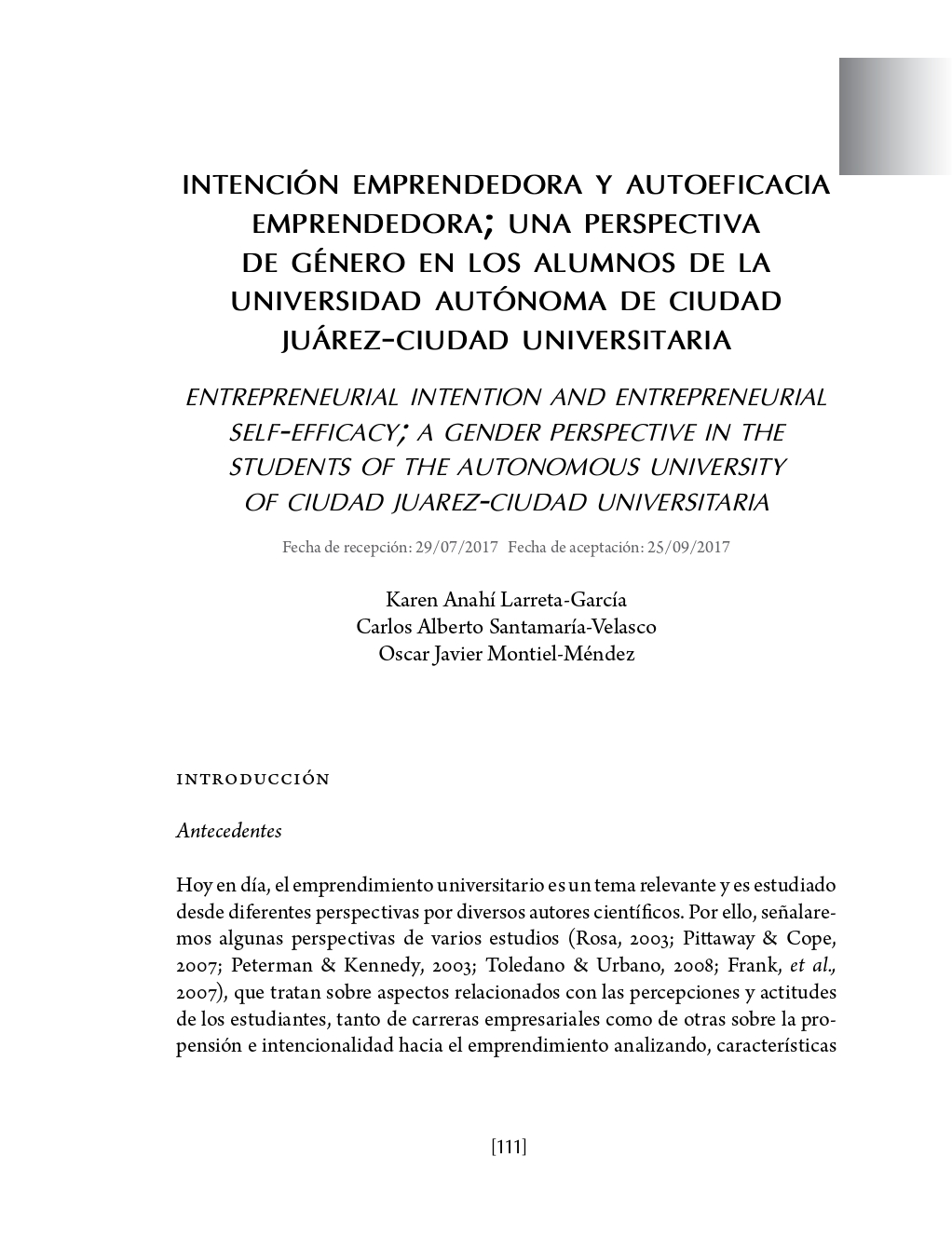Portada Intención emprendedora y autoeficacia emprendedora; una perspectiva de género en los alumnos de la Universidad Autónoma de Ciudad Juárez-Ciudad Universitaria