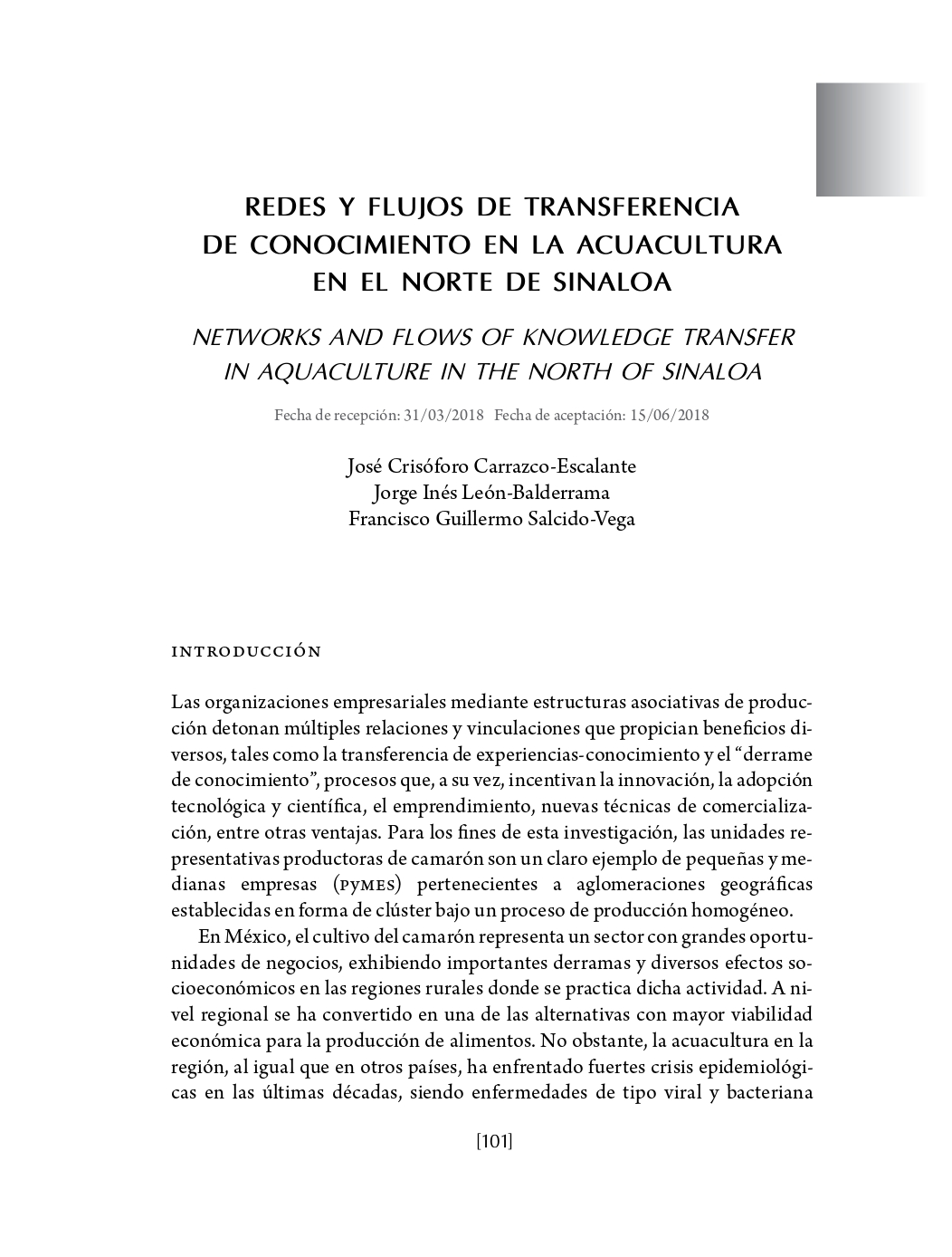 Portada Redes y flujos de transferencia de conocimiento en la acuacultura en el norte de Sinaloa