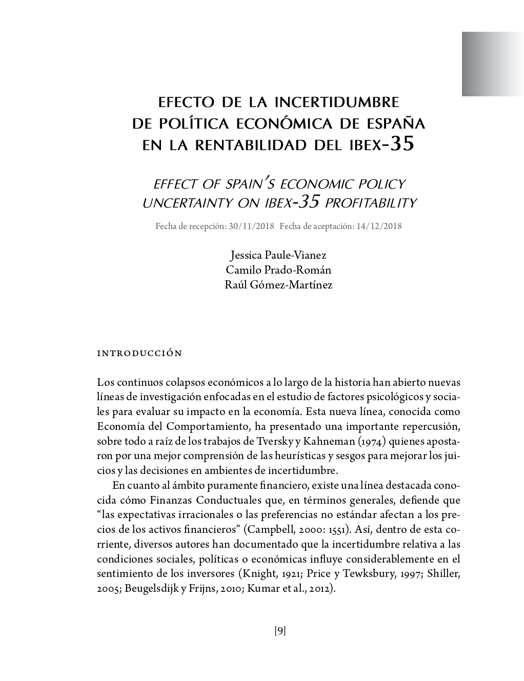 Portada Efecto de la incertidumbre de política económica de España en la rentabilidad del ibex-35