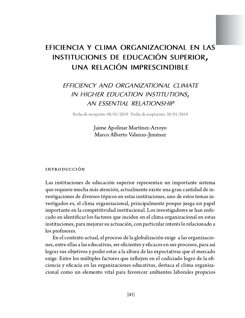 Portada Eficiencia y clima organizacional en las instituciones de educación superior, una relación imprescindible