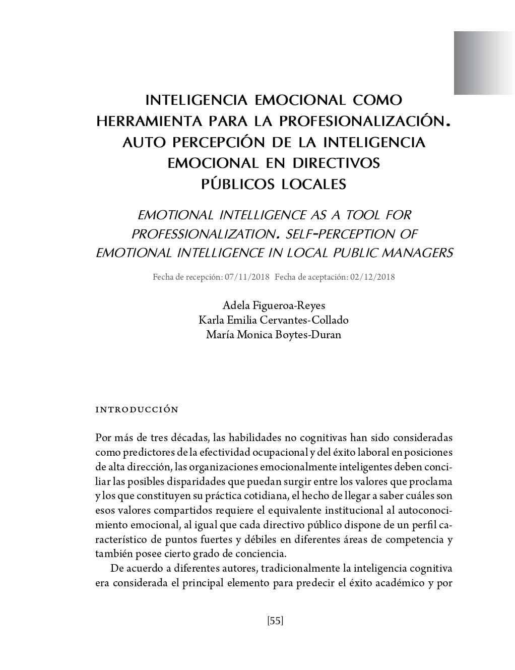 Portada Inteligencia emocional como herramienta para la profesionalización. Auto percepción de la inteligencia emocional en directivos públicos locales