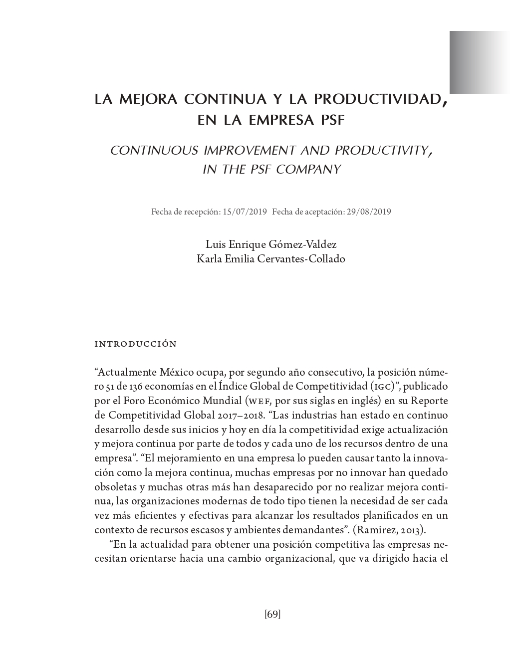 Portada La mejora continua y la productividad, en la empresa PSF