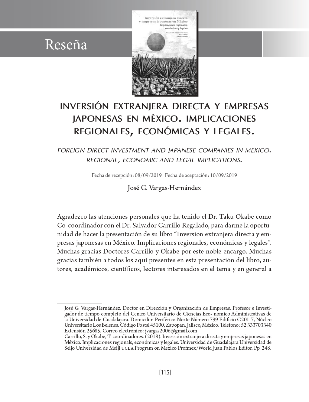 Portada Inversión extranjera directa y empresas japonesas en México. Implicaciones regionales, económicas y legales