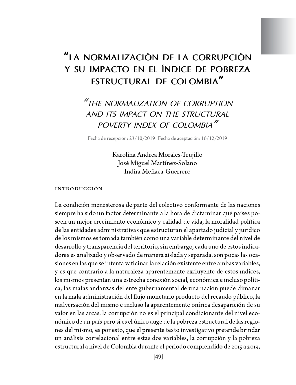 Portada “La normalización de la corrupción y su impacto en el índice de pobreza estructural de Colombia”