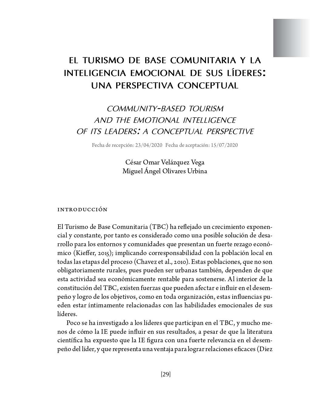 Portada El turismo de base comunitaria y la inteligencia emocional de sus líderes: una perspectiva conceptual
