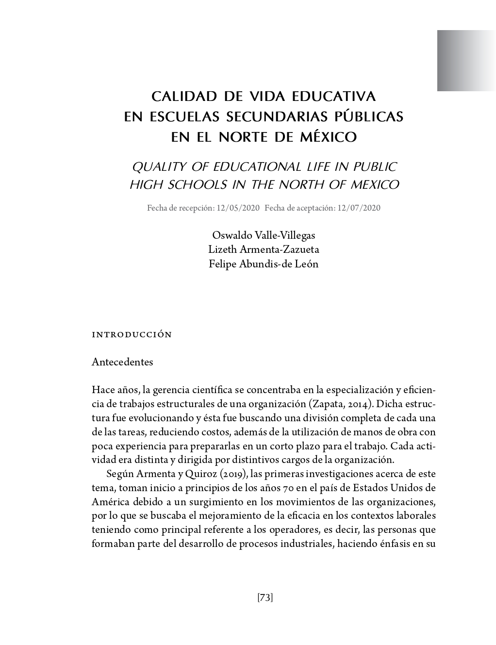 Portada Calidad de vida educativa en escuelas secundarias públicas en el norte de México