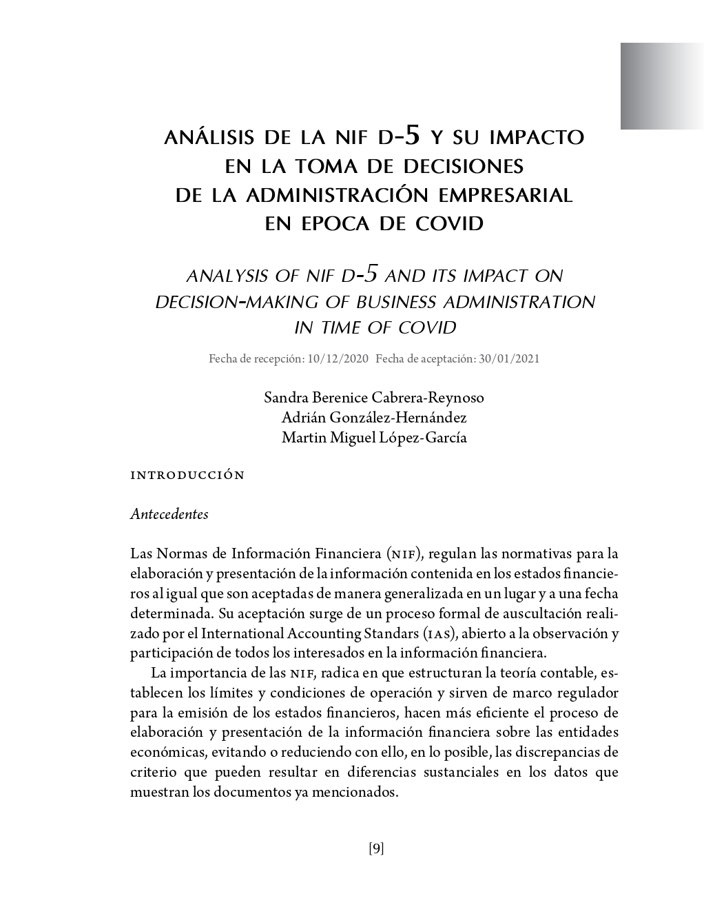Portada Análisis de la NIF D-5 y su impacto en la toma de decisiones de la administración empresarial en época de covid