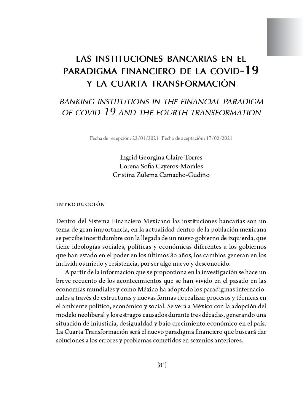 Portada Las instituciones bancarias en el paradigma financiero de la covid-19 y la cuarta transformación