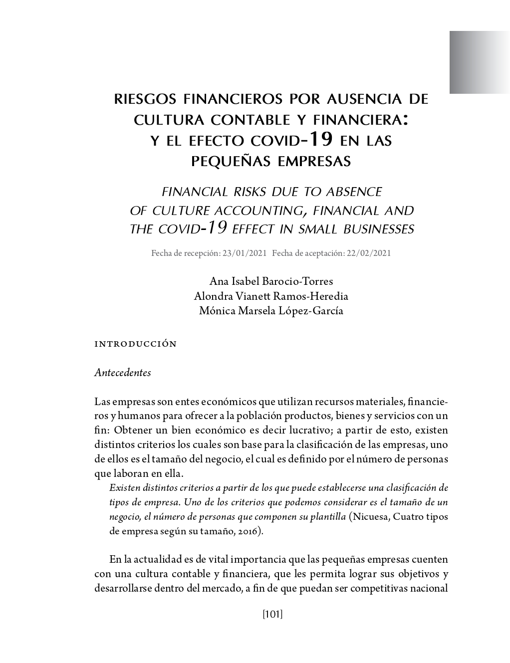 Portada Riesgos financieros por ausencia de cultura contable y financiera: y el efecto covid-19 en las pequeñas empresas