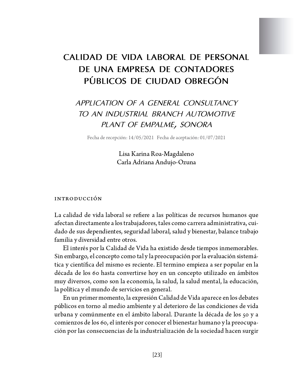 Portada Calidad de vida laboral de personal de una empresa de contadores públicos de Ciudad Obregón
