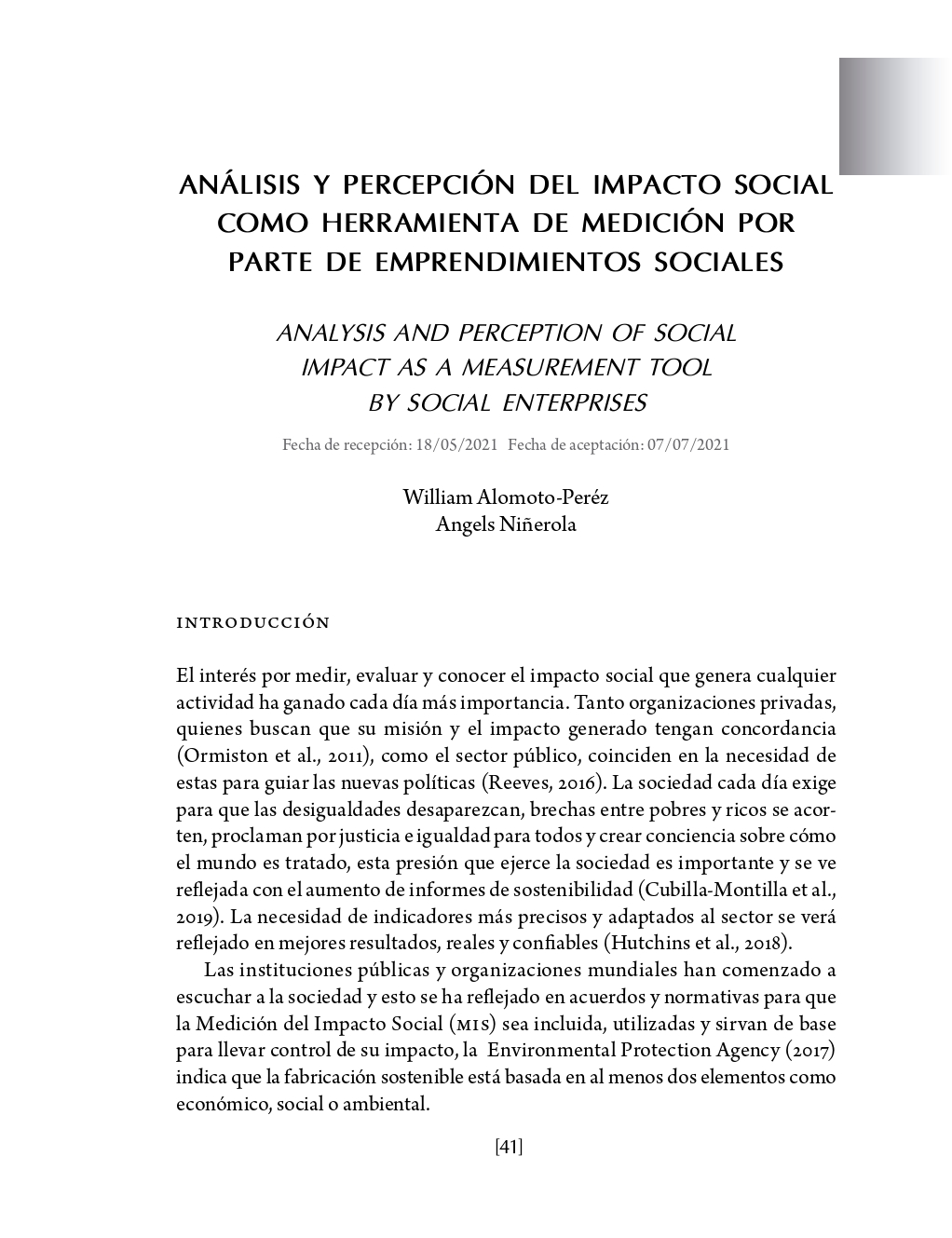 Portada Análisis y percepción del impacto social como herramienta de medición por parte de emprendimientos sociales