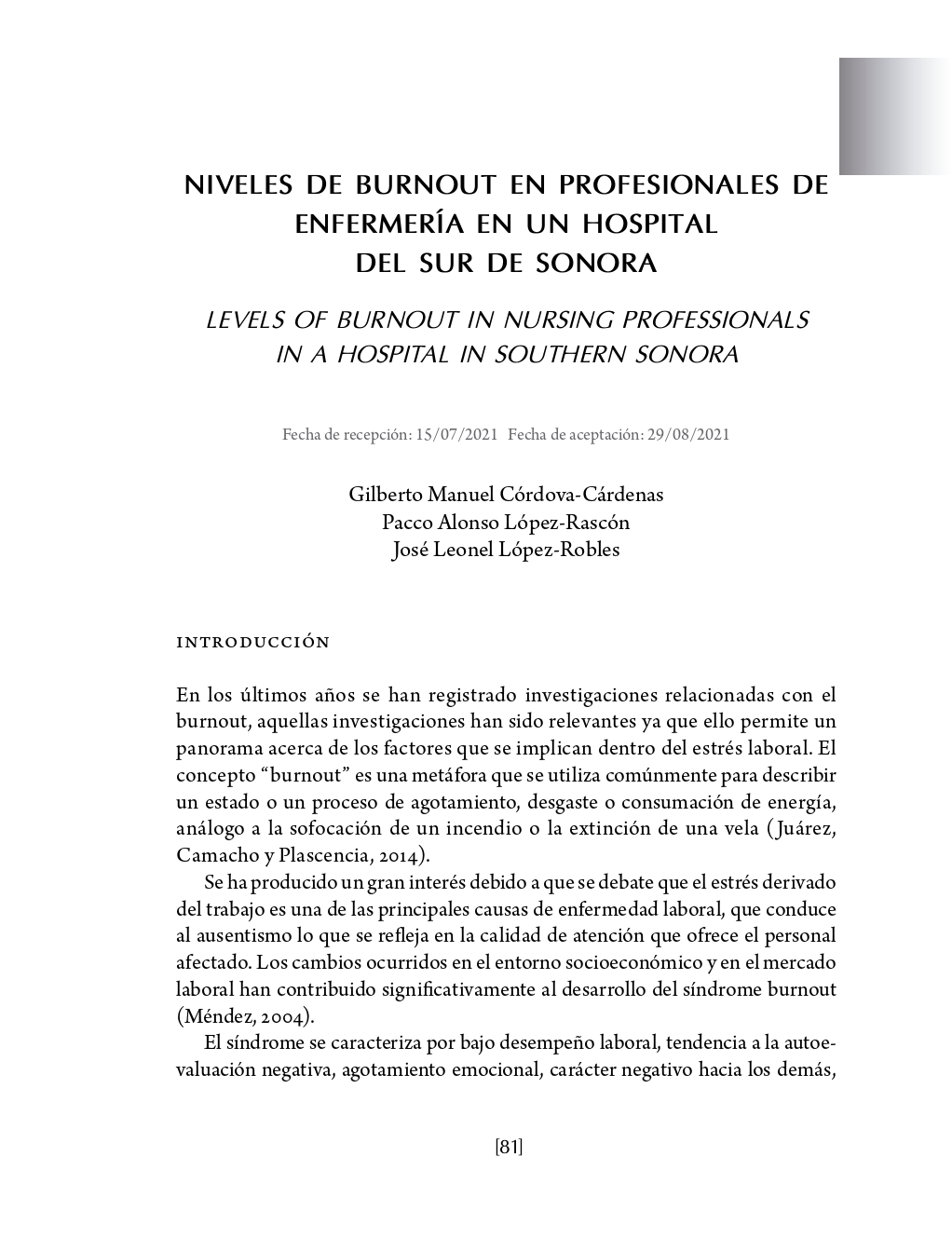 Portada Niveles de burnout en profesionales de enfermería en un hospital del sur de Sonora