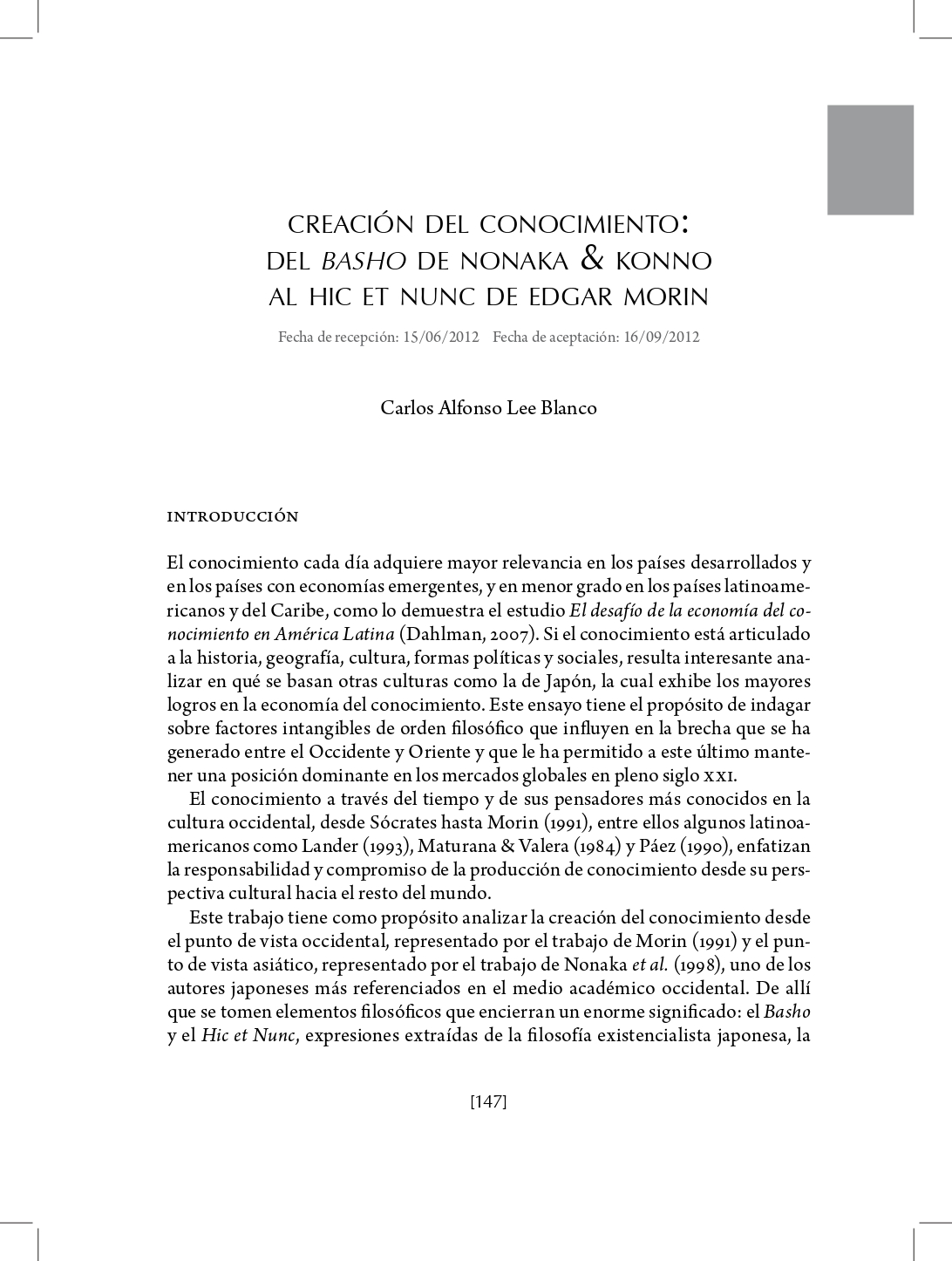 Portada Creación del conocimiento: del basho de nonaka & konno Al hic et nunc de edgar morin