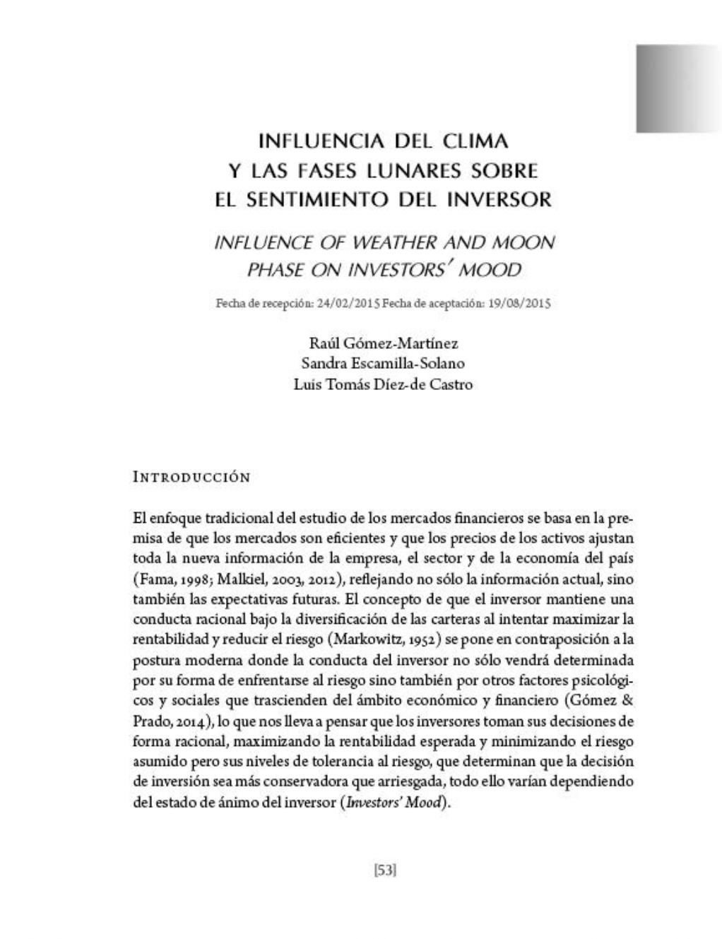 Influencia del clima y las fases lunares sobre el sentimiento del inversor