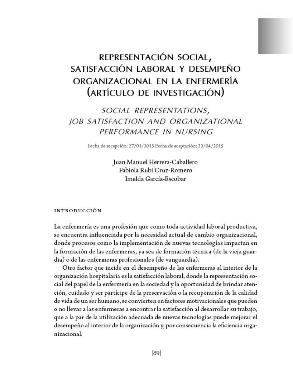 Representación social, satisfacción laboral y desempeño organizacional en la enfermería (artículo de investigación)