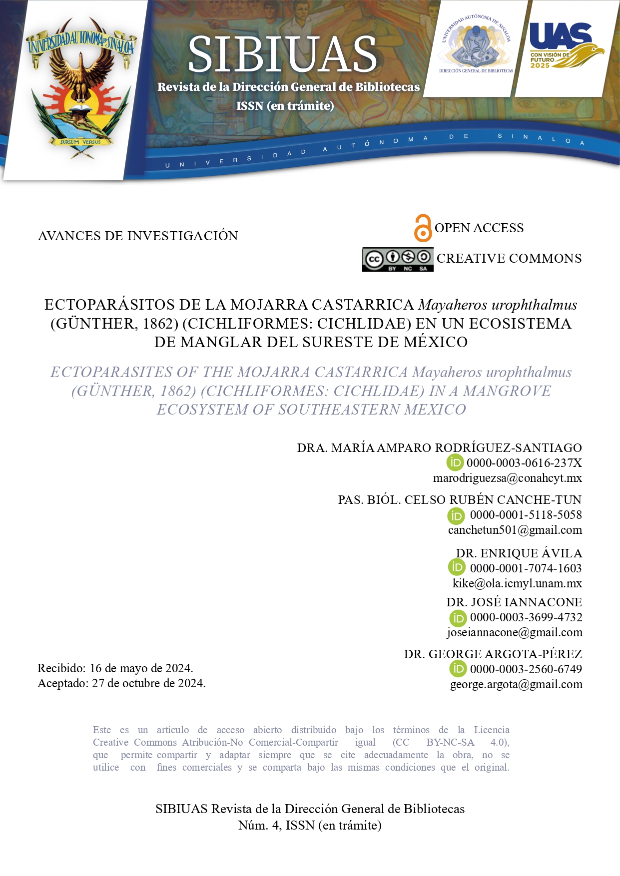 Portada Ectoparásitos de la Mojarra Castarrica Mayaheros urophthalmus (Günther, 1862) (Cichliformes: Cichlidae) en un ecosistema de manglar del sureste de México