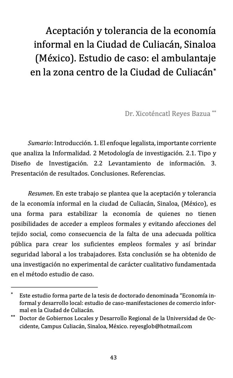 Aceptación y tolerancia de la economía informal en la Ciudad de Culiacán, Sinaloa (México). Estudio de caso: el ambulantaje en la zona centro de la Ciudad de Culiacán*