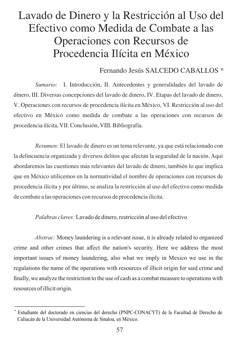 Lavado de Dinero y la Restricción al Uso del Efectivo como Medida de Combate a las Operaciones con Recursos de Procedencia Ilícita en México