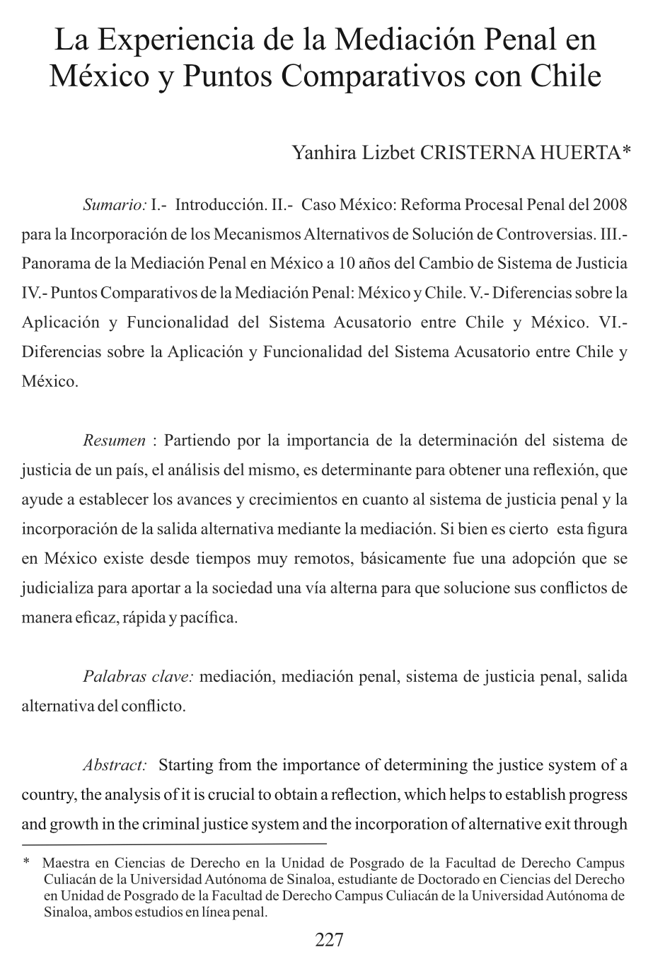 La Experiencia de la Mediación Penal en México y Puntos Comparativos con Chile