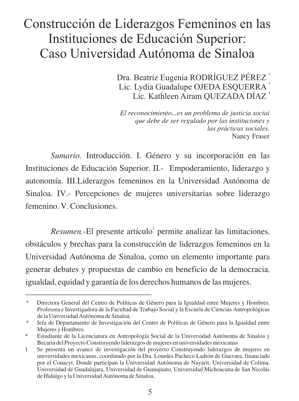 Construcción de Liderazgos Femeninos en las Instituciones de Educación Superior: Caso Universidad Autónoma de Sinaloa