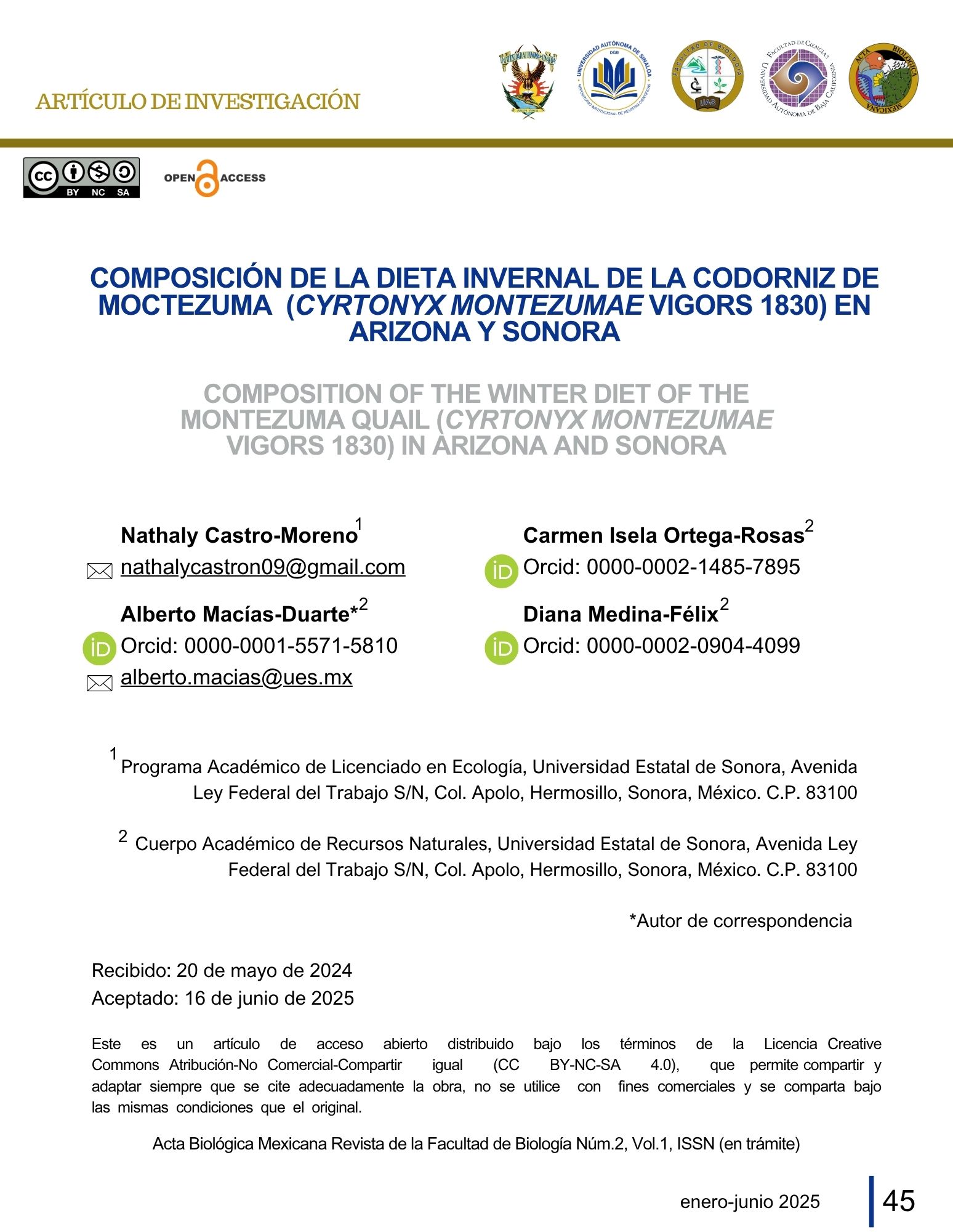 PORTADA COMPOSICIÓN DE LA DIETA INVERNAL DE LA CODORNIZ DE MOCTEZUMA (CYRTONYX MONTEZUMAE VIGORS 1830) EN ARIZONA Y SONORA