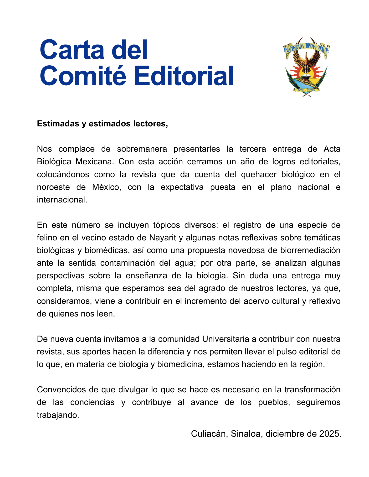 Carta del comité editorial