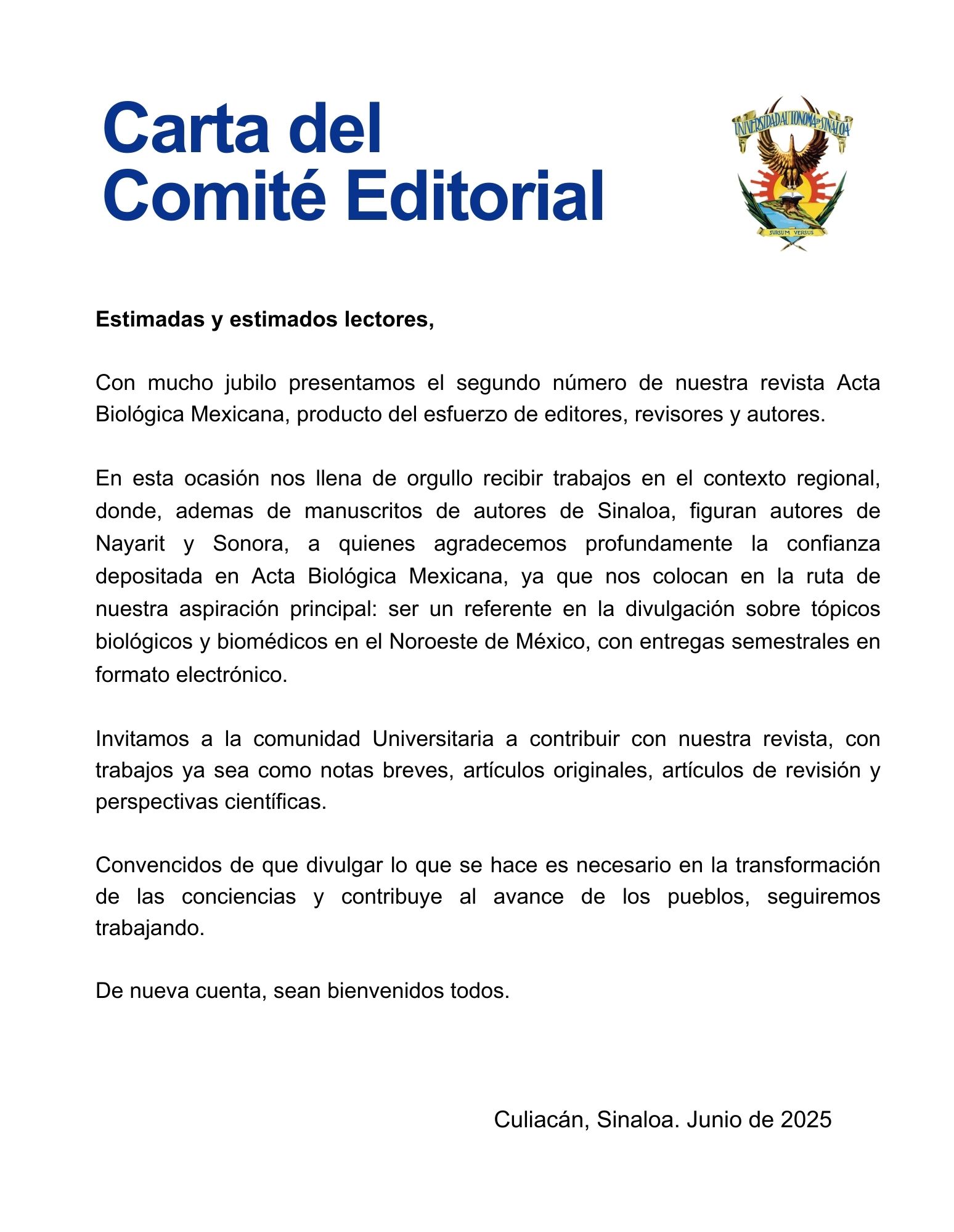 Carta del Comité Editorial de ACBIOMEX