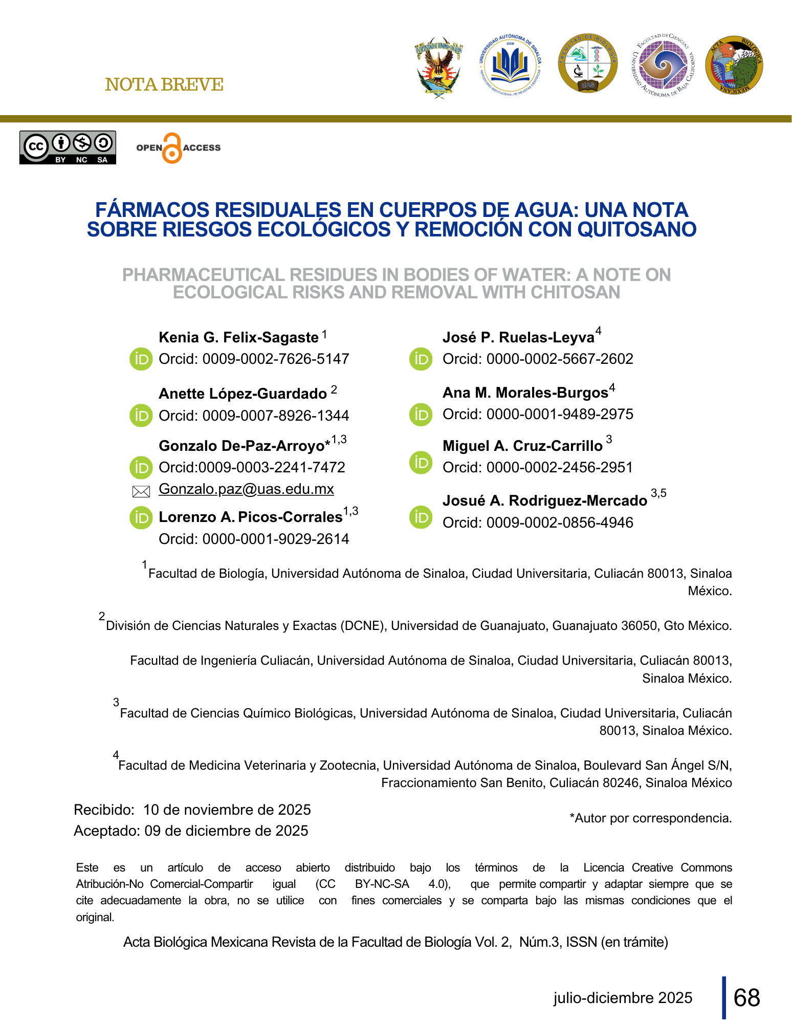 Portada FÁRMACOS RESIDUALES EN CUERPOS DE AGUA: UNA NOTA SOBRE RIESGOS ECOLÓGICOS Y REMOCIÓN CON QUITOSANO