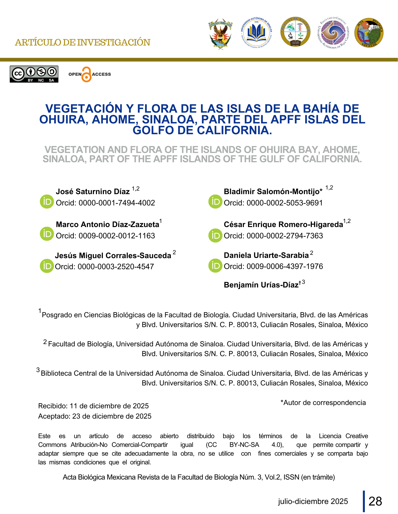 Portada VEGETACIÓN Y FLORA DE LAS ISLAS DE LA BAHÍA DE OHUIRA, AHOME, SINALOA, PARTE DEL APFF ISLAS DEL GOLFO DE CALIFORNIA.