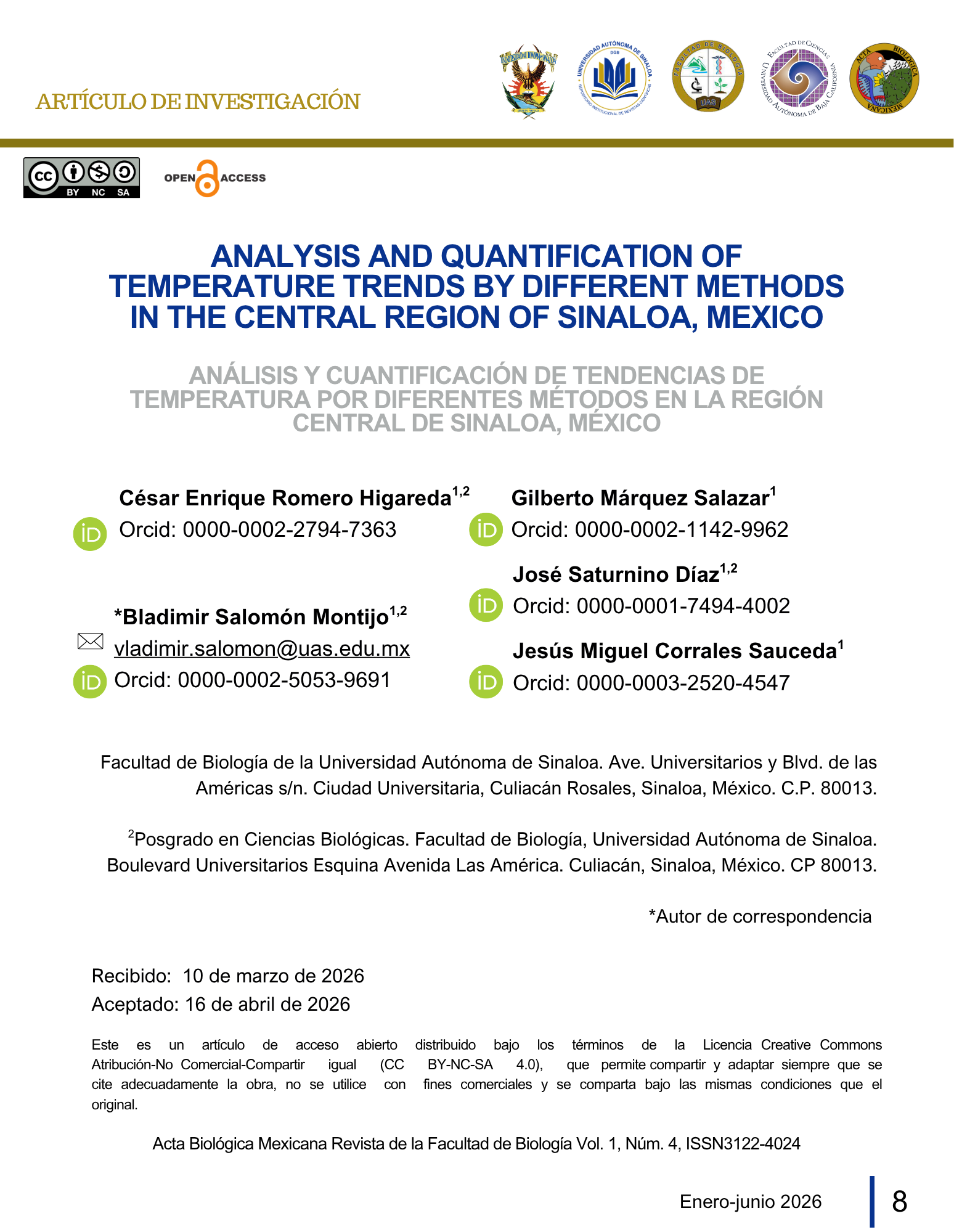 Portada de artículo análisis y cuantificación de tendencias de temperatura por diferentes métodos en la región central de Sinaloa, México