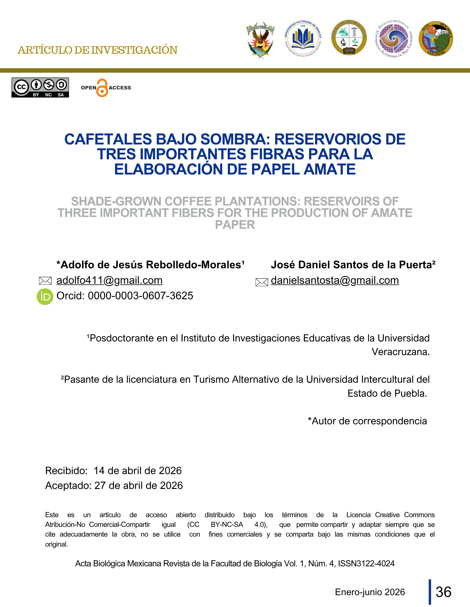 Portada de artículo cafetales bajo sombra: reservorios de tres importantes fibras para la elaboración de papel amate.