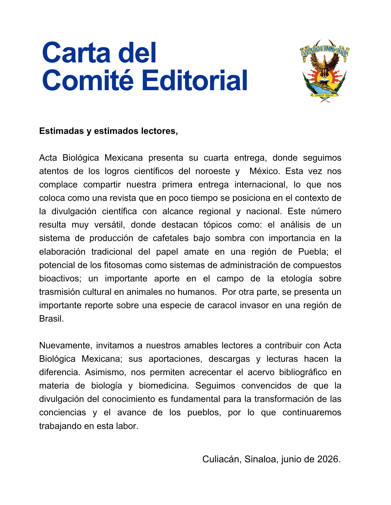 Carta del Comité Editorial de ACBIOMEX