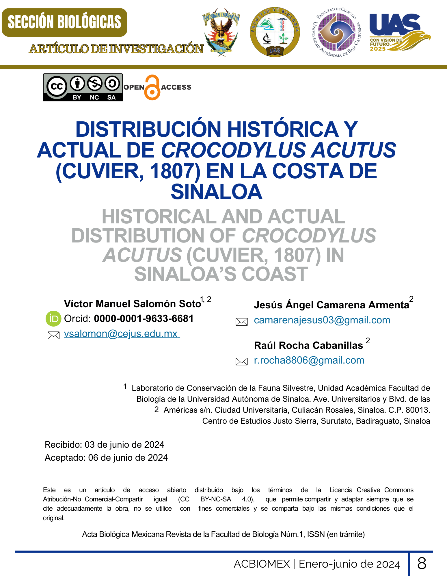 Portada DISTRIBUCIÓN HISTÓRICA Y ACTUAL DE CROCODYLUS ACUTUS (CUVIER, 1807) EN LA COSTA DE SINALOA